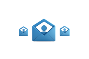 Three blue envelope icons featuring a person profile in the center, symbolizing messaging or communication. png