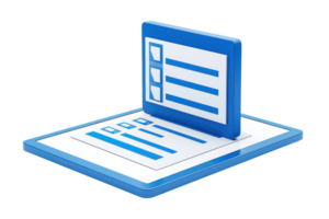A 3D representation of a checklist interface, featuring an overlay with checkboxes and text fields on a flat surface. png