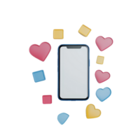 A mobile phone surrounded by colorful heart and square shapes. png