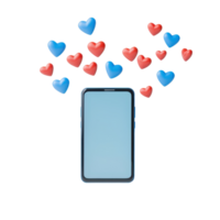 A smartphone displaying a blank screen with colorful hearts floating above it, conveying a theme of love and connection. png