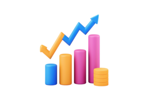 A colorful bar graph with ascending bars and an upward arrow, symbolizing growth or progress. png