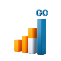 A bar chart with varying heights in orange, white, and blue, accompanied by the word GO in a bold, three-dimensional style. png