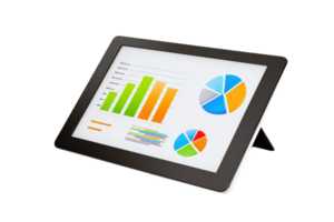 A digital tablet displaying colorful graphs and charts for data analysis. png