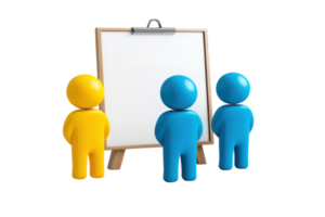 Three colorful figures stand in front of a blank easel, ready to present or brainstorm ideas. png