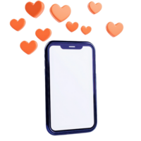 A smartphone with a blank screen and floating heart icons above it, symbolizing love or affection. png