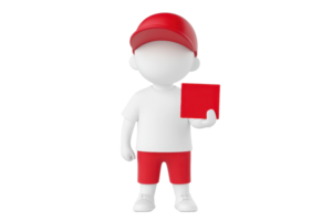 A stylized character stands holding a red square, dressed in a red cap and matching shorts, with a plain white shirt. png