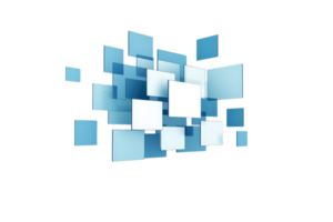A dynamic arrangement of overlapping blue and white squares creating a visually striking geometric design. png