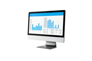 A computer monitor displaying colorful bar graphs and data analytics. png