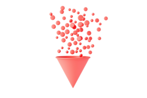 A pink cone spills numerous small spheres, creating a dynamic and playful visual effect. png