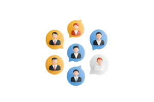 Abstract representations of diverse professionals in speech bubbles, symbolizing communication and collaboration. png