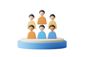 A group of stylized figures arranged in a pyramid formation on a circular platform, showcasing teamwork and collaboration. png