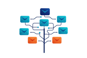 A visual representation of a network of email icons connected by lines, illustrating communication pathways. png