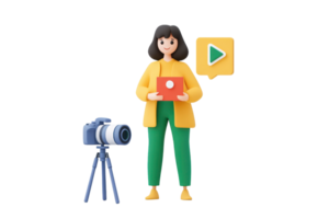 A young woman holds a red box while standing next to a camera on a tripod and a speech bubble with a play icon. png