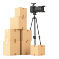 A stack of cardboard boxes next to a camera mounted on a tripod. png