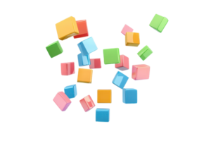 Colorful, assorted cubes in various sizes scattered in a dynamic arrangement. png