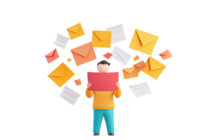 A character holds a red envelope surrounded by various colorful envelopes, representing communication and message delivery. png