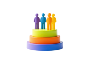 Colorful figures stand on layered rings, symbolizing unity and diversity in a playful, educational format. png