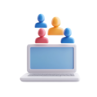 A laptop with colorful user icons above it, symbolizing online communication and social interactions. png