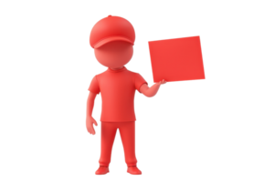 A red figure wearing a cap and uniform holds a square red sign, representing a symbolic message or action. png