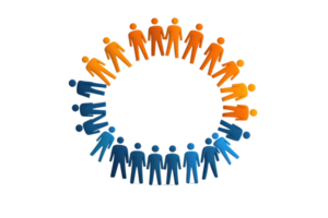 A circular arrangement of abstract figures in orange and blue, symbolizing community, connection, and teamwork. png