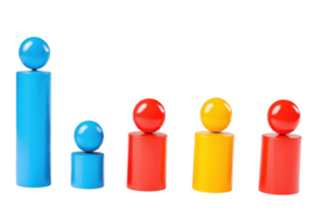 Colorful, stackable toy figures arranged in ascending order by height, featuring spherical tops and cylindrical bases. png