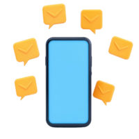 A smartphone with a blank screen surrounded by yellow message icons, suggesting communication and notifications. png