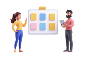 A woman and a man discuss a grid of colored squares, indicating collaboration or brainstorming in a creative context. png