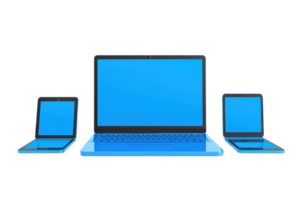 Three devices display vibrant blue screens, showcasing a laptop flanked by two smaller computers in a uniform arrangement. png