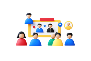 A group of diverse, stylized characters engaged in a virtual meeting, highlighting collaboration and communication. png
