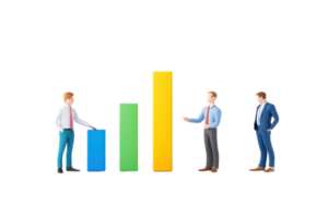 Three business professionals discussing a growth chart represented by colorful bar graphs. png