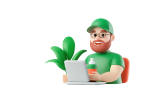 A cheerful character with a green cap and glasses sits at a table, working on a tablet with a plant and a drink beside him. png