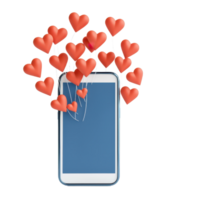 A smartphone with a blue screen surrounded by floating red hearts, symbolizing love and connection. png