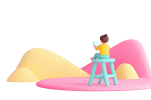 A child sitting on a stool, engaging with a device in a vibrant, playful environment. png