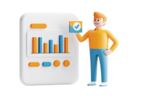 A stylized figure presents data on a digital display featuring colorful bar charts and an envelope icon. png