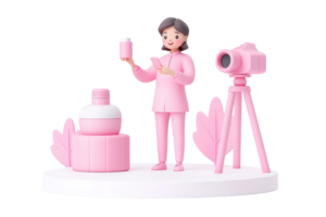 A stylized character in pink attire holds a product while standing next to a camera on a tripod and a decorative stack. png