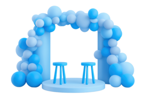 A playful archway of blue balloons surrounds two matching stools on a circular platform, creating a festive scene. png