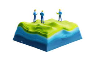Three figures stand atop a colorful, undulating topographical model representing terrain or landscape features. png