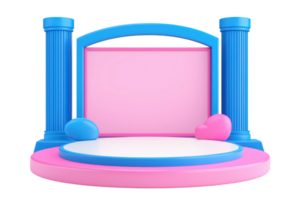 A colorful stage setup featuring blue columns and a pink backdrop, designed for presentations or performances. png