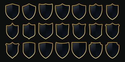 Black Shield with gold borders icons. Security shield icons. Security shields. Protection icons. Protection shapes. Shield protection icons. vector
