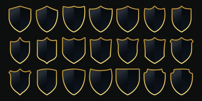 Black Shield with gold borders icons. Security shield icons. Security shields. Protection icons. Protection shapes. Shield protection icons.