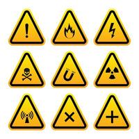 Set of warning signs. Set of danger and hazard signs. Yellow and black warning signs. Danger and hazard triangle shapes. vector