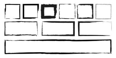 Black grunge square and rectangular shapes set. Brush strokes frames elements, frames for design. illustration isolated on white background. vector