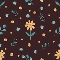 Seamless spring pattern with yellow chamomile, daisies and green twigs on a brown background vector