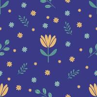 Seamless spring pattern with yellow tulips, daisies and green twigs on a violet background vector