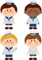 Sea sailor happy little children in cute nautical sailor outfits. Diverse group of marine sailor boy kids. Navy people. vector