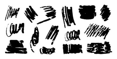Black grunge charcoal strokes, lines, squiggle, swirls and shapes set. hand drawn abstract shapes and lines drawn with pencil or charcoal. Circles, scribbles and smears. vector