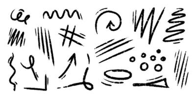 Chalk hand drawn arrow, marker lines, underlines, crayon brush scribbles, grunge texture, zig zag doodle sketch elements. vector