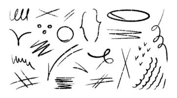 Crayon hand drawn arrow, marker lines, underlines, chalk brush scribbles, grunge texture, zig zag doodle sketch elements. vector