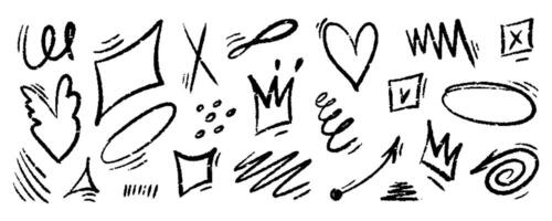 Chalk hand drawn arrow, brush lines, underlines, crayon marker scribbles, grunge texture, heart, crown, text box, zig zag doodle sketch elements. vector