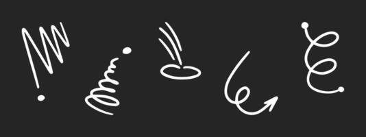 Hand drawn pencil curve line, zigzag, arrow, wave, curls. charcoal smears, dots arrows. Underline pen set. Doodle style sketch lines. Marker wavy strokes with rough edges on black background vector